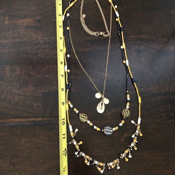 Boho Gold Yellow Navy Beaded Long Necklace - Picture 3 of 5